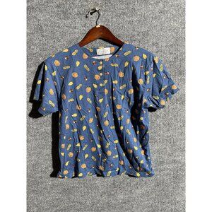 Fenco Shirt Womens Small Blue Nut Print Henley Short Sleeve 100% Cashmere